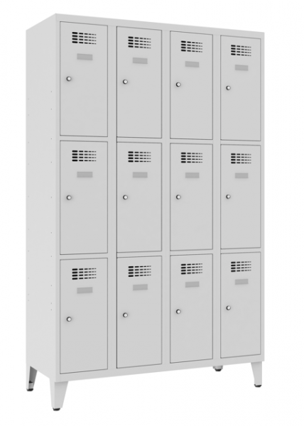 Schliessfachschrank 4 Abteile 12 Fächer mit Stollenfüsse 30 cm Abteilbreite