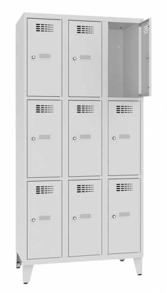 Schliessfachschrank 3 Abteile 9 Fächer mit Stollenfüsse 30 cm Abteilbreite