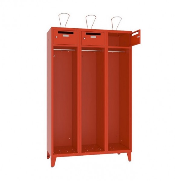 Feuerwehr Garderobenschrank 3 Abteile mit Stollenfüsse u. abschliessbarem Wertsachenfach mit Einwurf