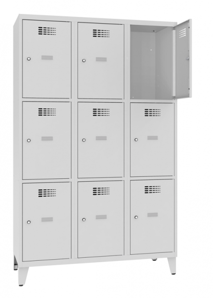 Schliessfachschrank 3 Abteile 9 Fächer mit Stollenfüsse 40 cm Abteilbreite